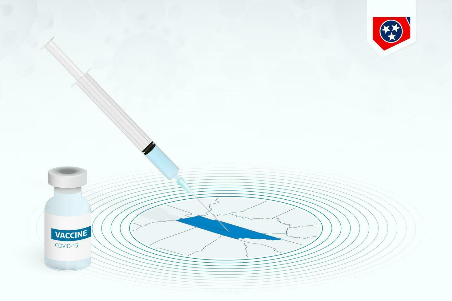 COVID-19 vaccination in Tennessee, coronavirus vaccination illustration with vaccine bottle and syringe injection in map of Tennessee. vector