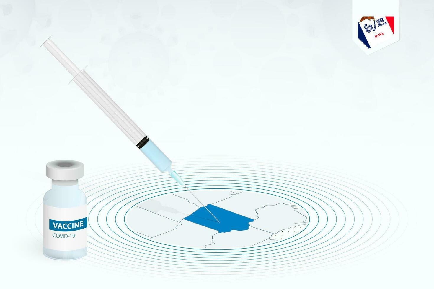 COVID-19 vaccination in Iowa, coronavirus vaccination illustration with vaccine bottle and syringe injection in map of Iowa. vector
