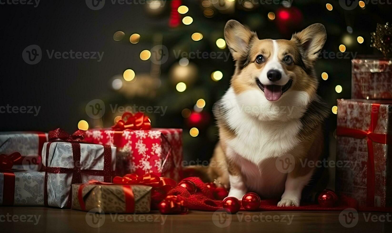 Playful Corgi sits by a dazzling Christmas tree Created with generative AI tools photo