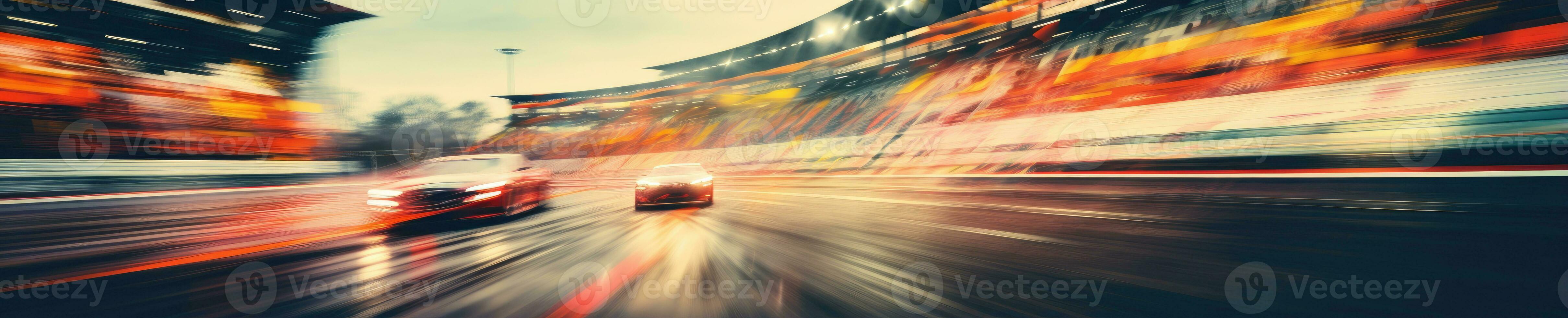 Under the night sky, a sleek sports car speeds along a racetrack. Created with AI photo