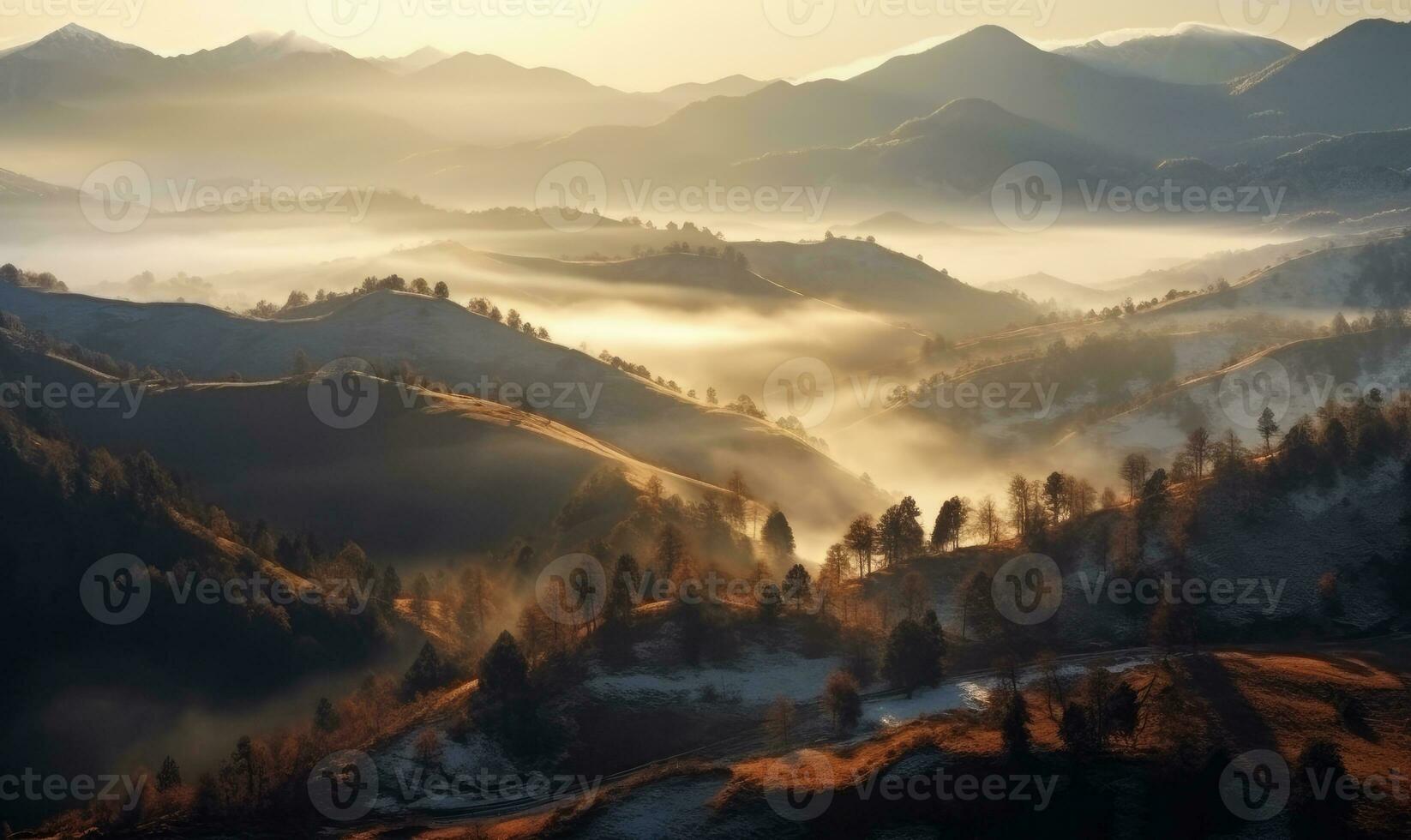 Mountain landscape background. Foggy forest wallpaper. For banner, postcard, book illustration. Created with generative AI tools photo