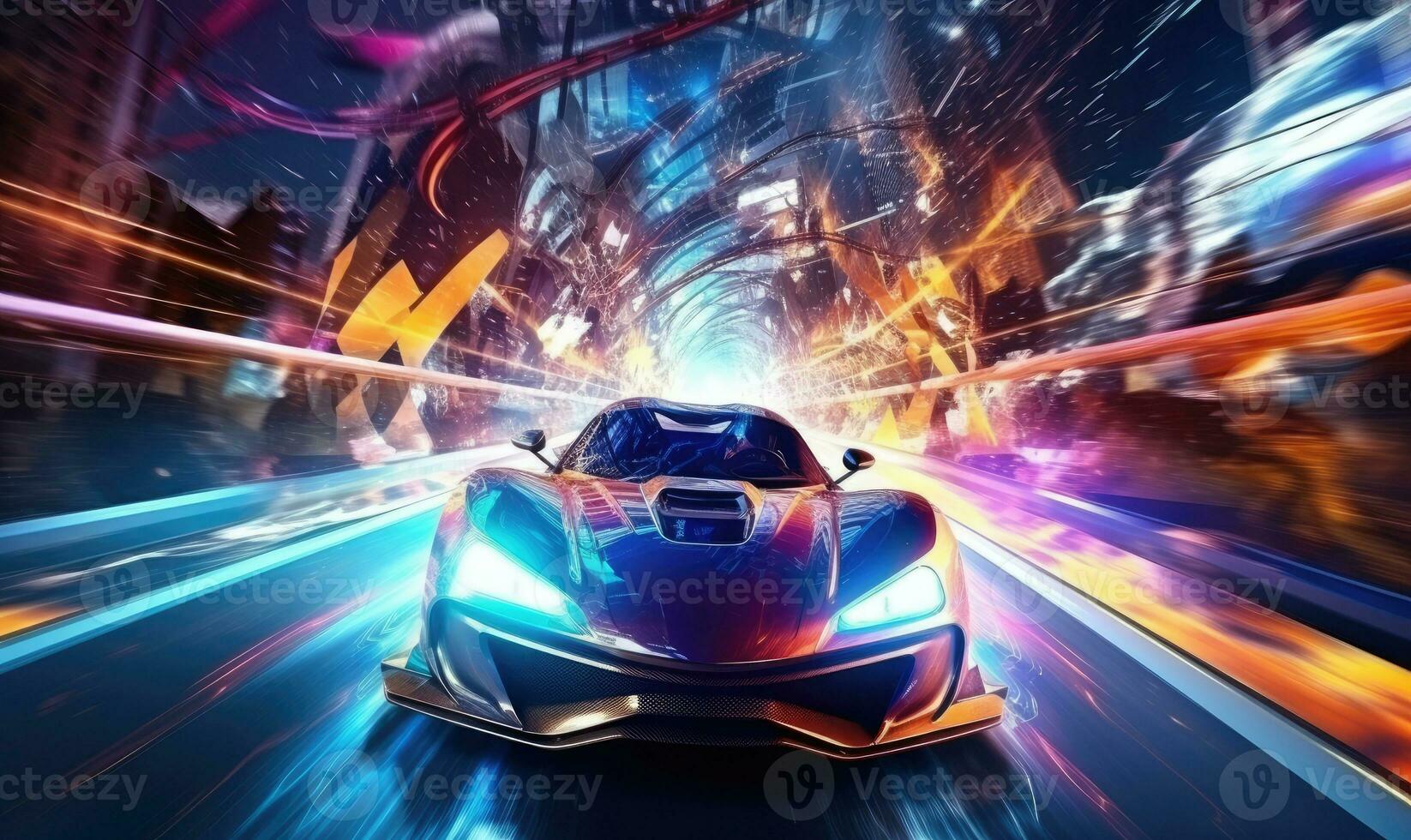 Futuristic car speeding through neon-lit tunnel. Created with AI photo