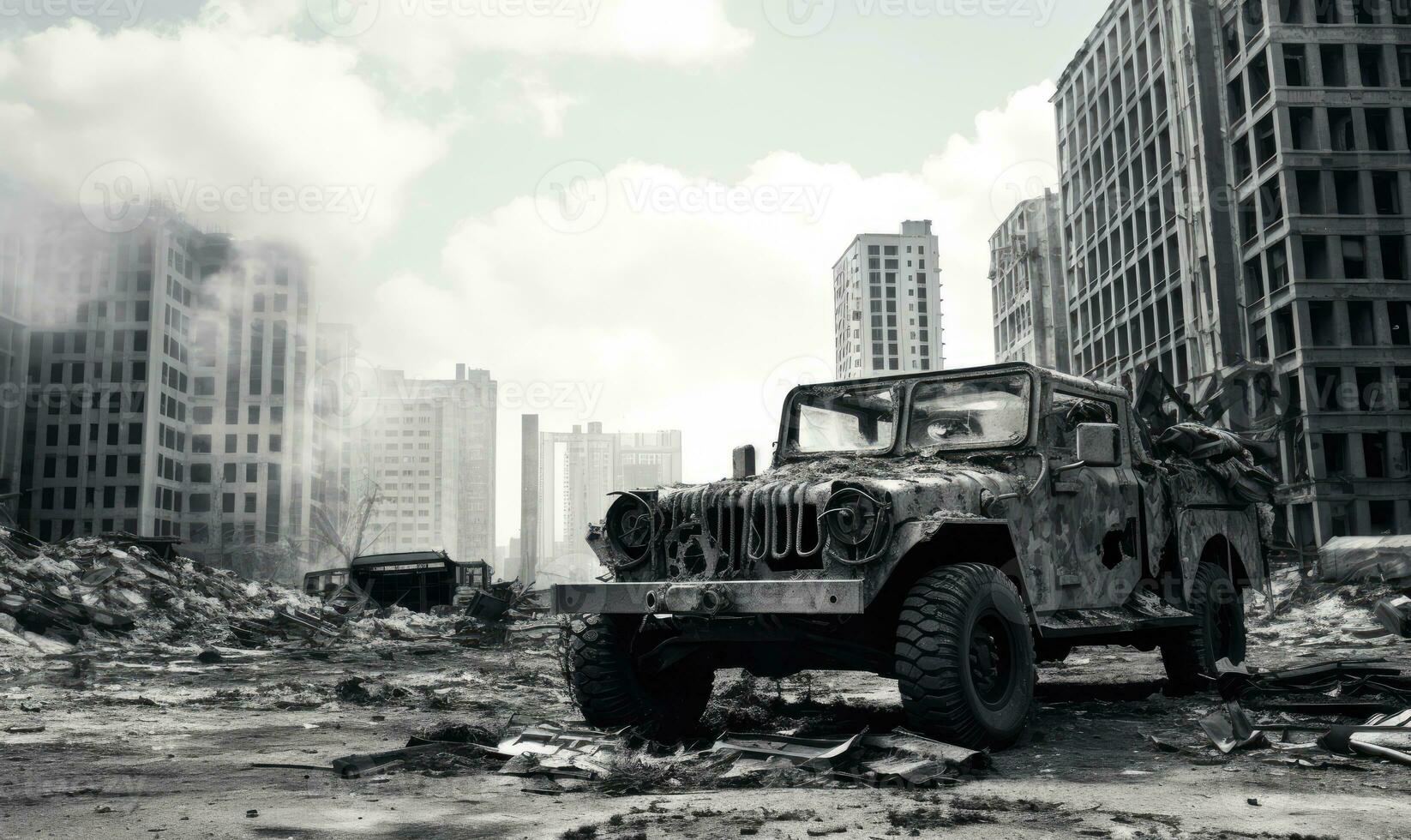 Burnt-out military vehicle. Created with AI photo