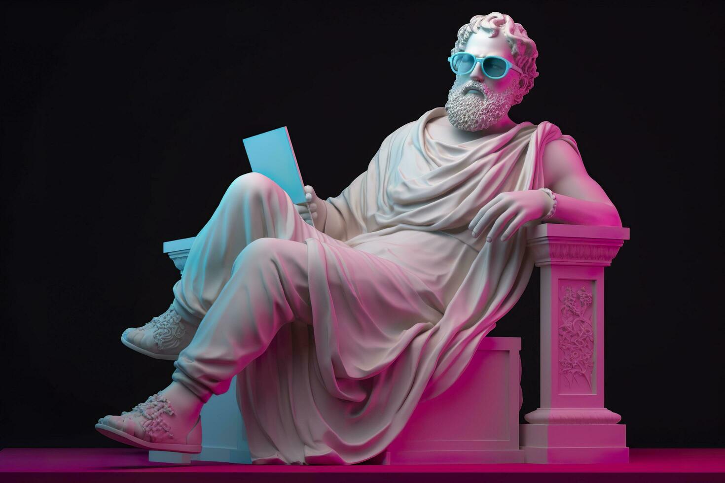 un blanco estatua de Platón en un frio pose, vistiendo magenta y cian 3d anteojos, Listo a fiesta. ai generativo foto