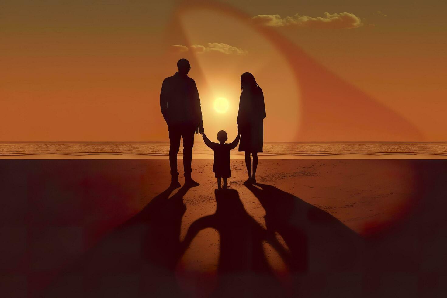 sombra de contento familia juntos, padres con su pequeño bebé a puesta de sol. un silueta de amor y unidad. ai generativo foto