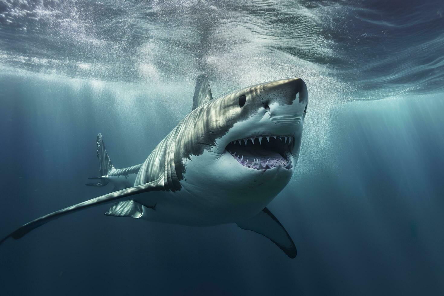 The King of the Ocean, The Great White male shark Hunter underwater view, Guadalupe island, Mexico. AI Generative photo