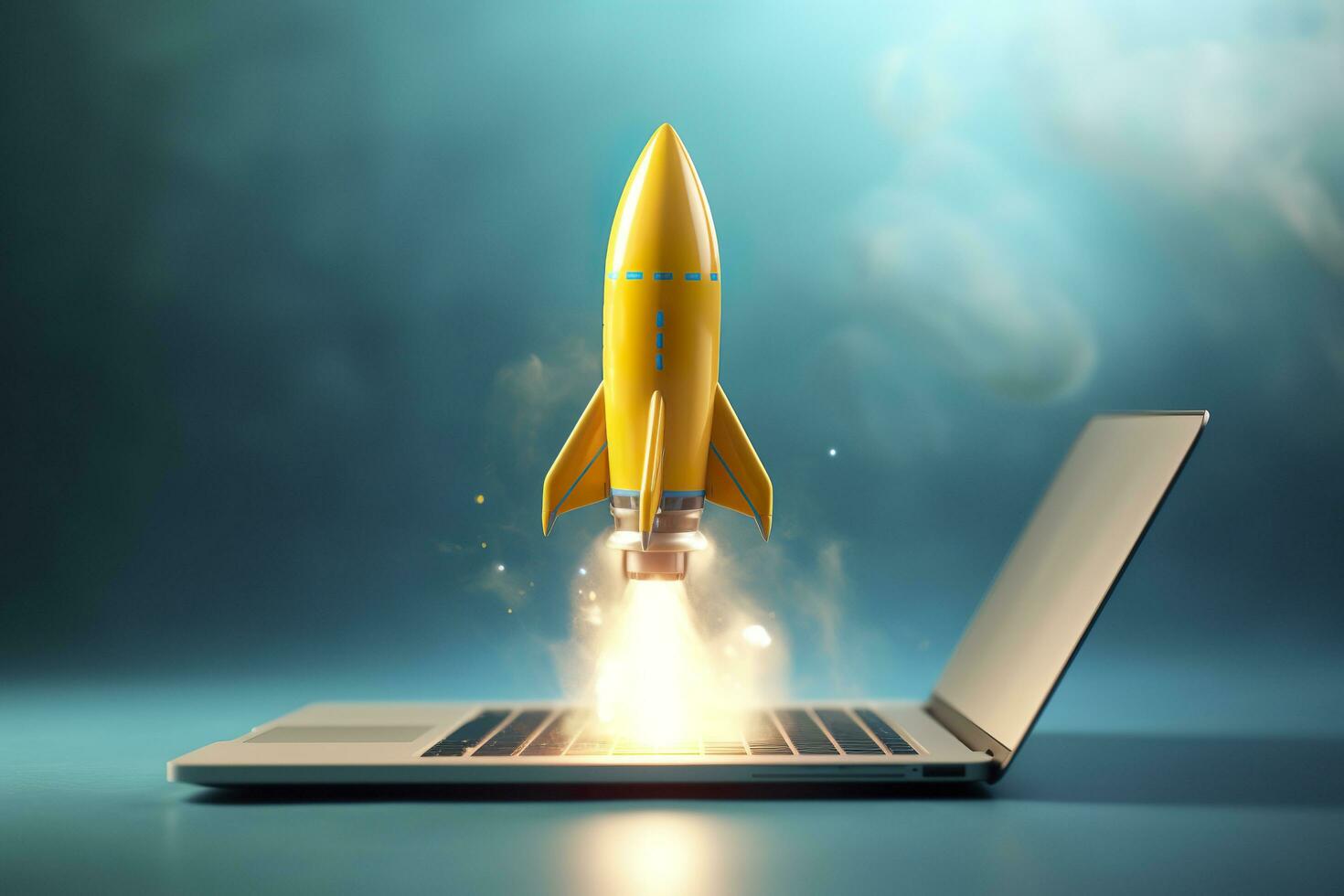 Launching a new product or service. Technology development process. Space rocket launch. 3d render. Yellow rocket lift up from the display laptop. AI Generative photo