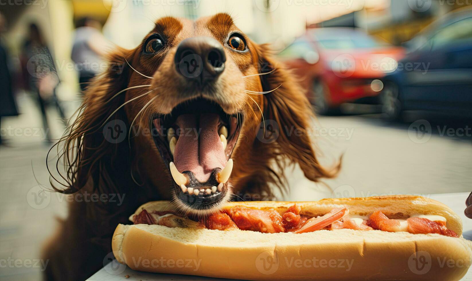Joyful dog delightfully devours hot dogs. Created with AI photo