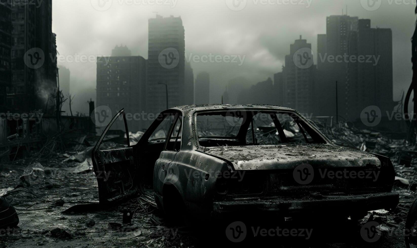 Burnt-out police car in an a city street backdrop. Created with AI photo