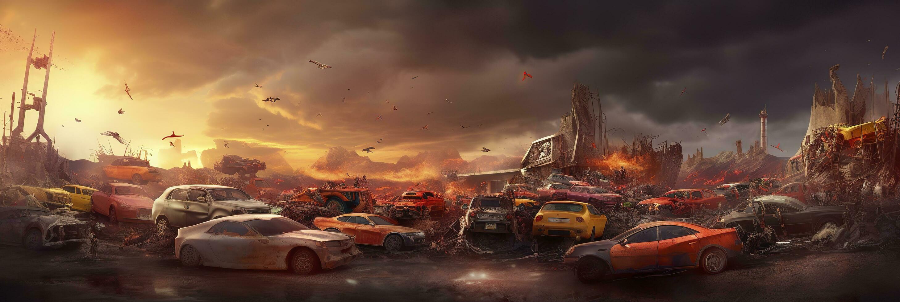 cars World collapse, doomsday scene, digital painting, digital illustration. AI Generative photo