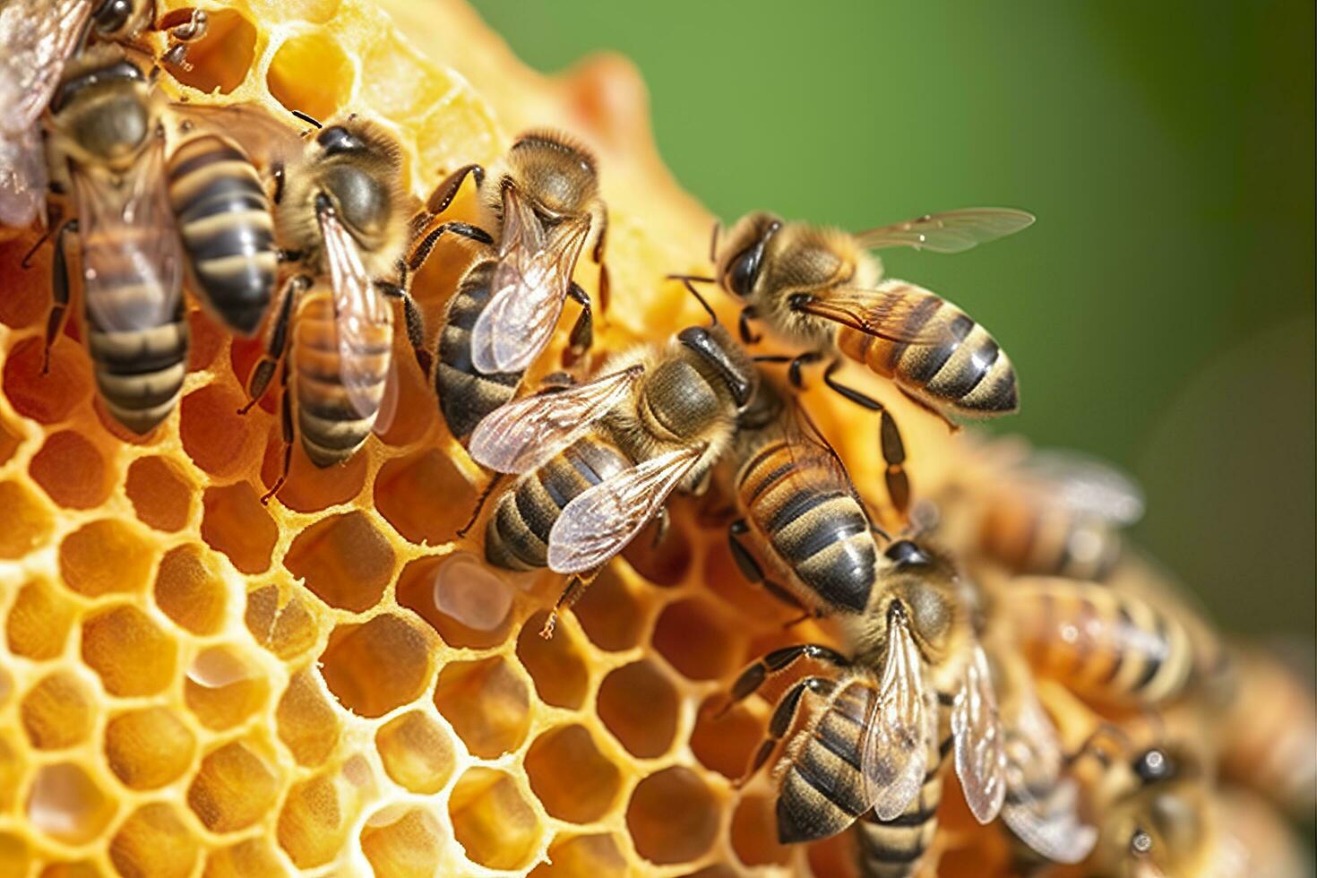 honey bees on honeycomb in apiary in summertime, Honey bees communicate with each other, AI Generative photo