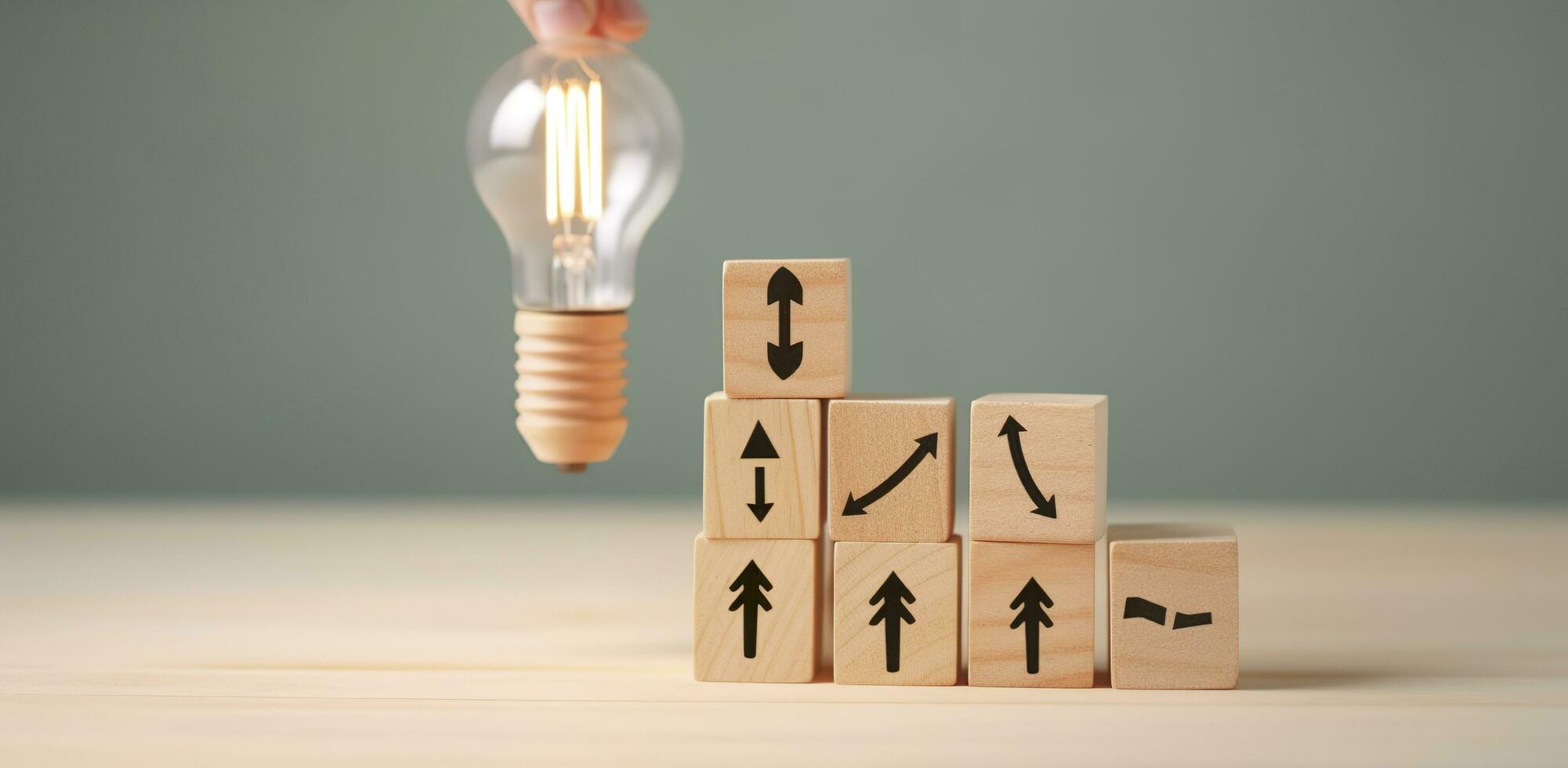 Creative idea, solution and innovation concept. Idea generation for business development. Wooden cube blocks with light bulb and cycle icons on clean background and copy space. AI Generative photo