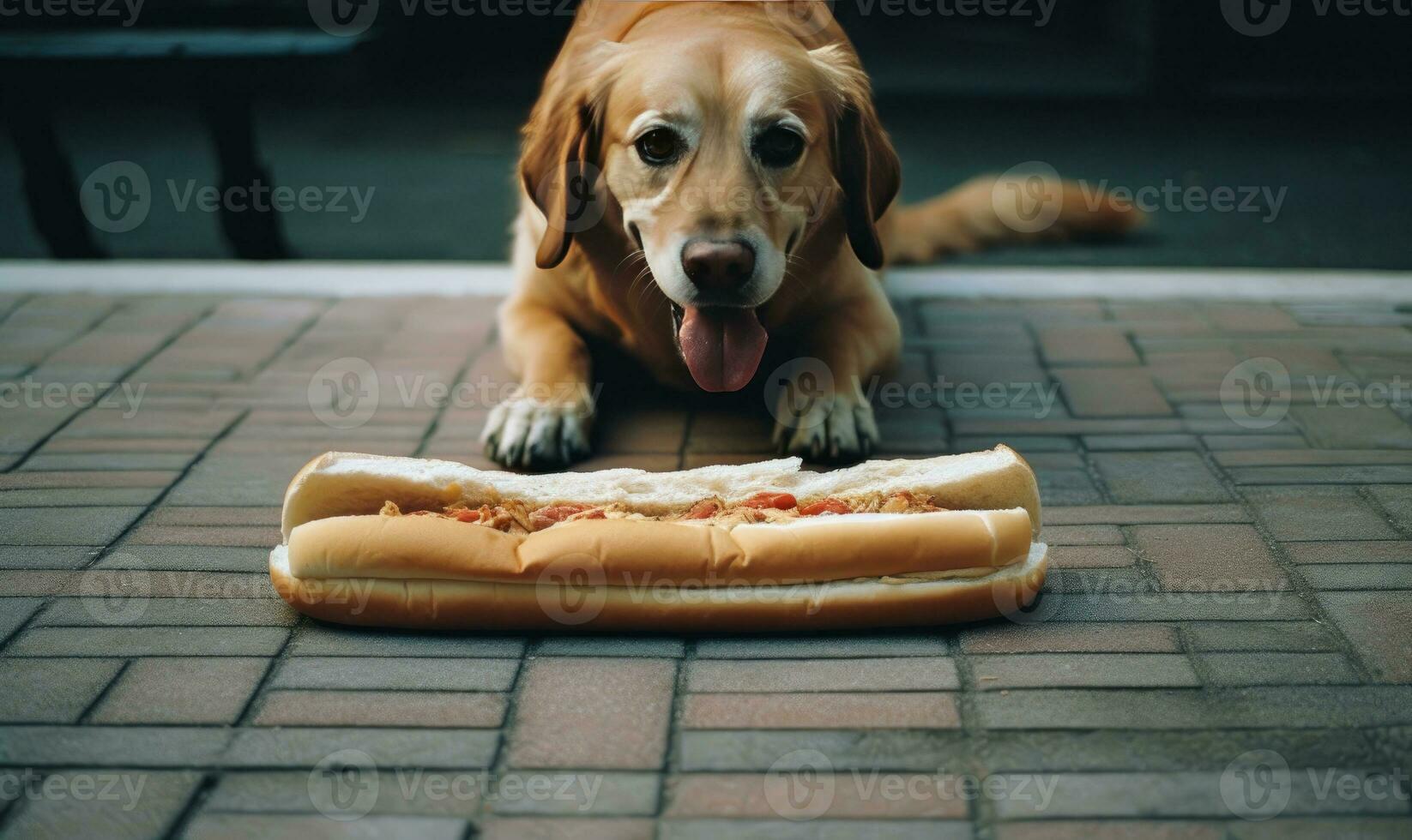 Dog about to indulge in a hot dog treat. Created with AI photo