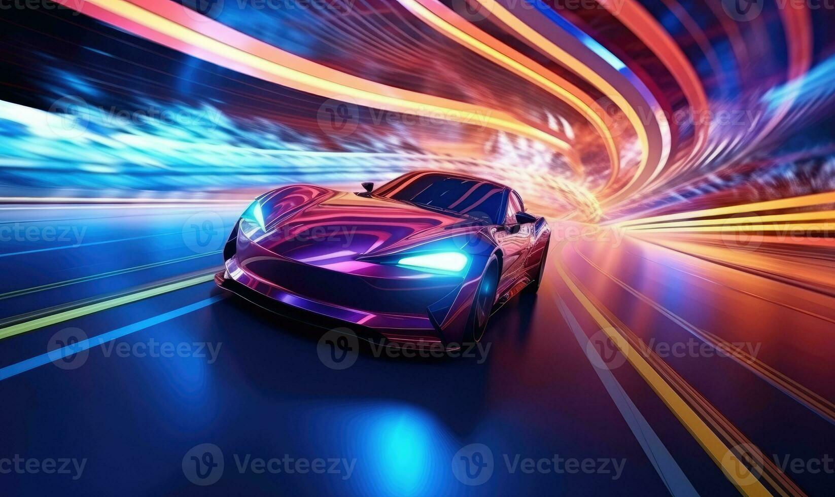 futurista coche exceso de velocidad mediante luces de neón túnel. creado con ai foto