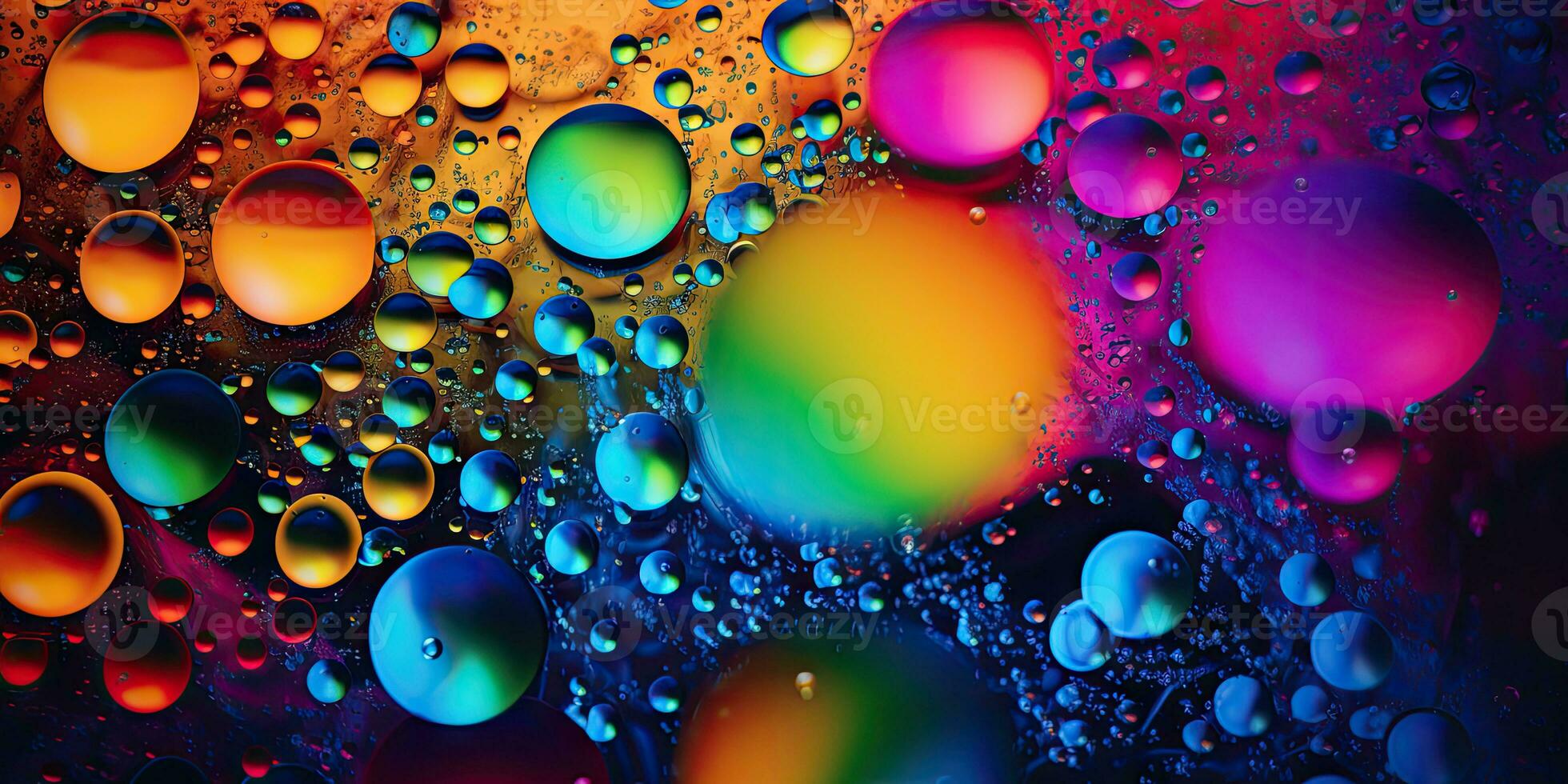 Close-up multicolored drops of water on surface. Created with AI tools photo