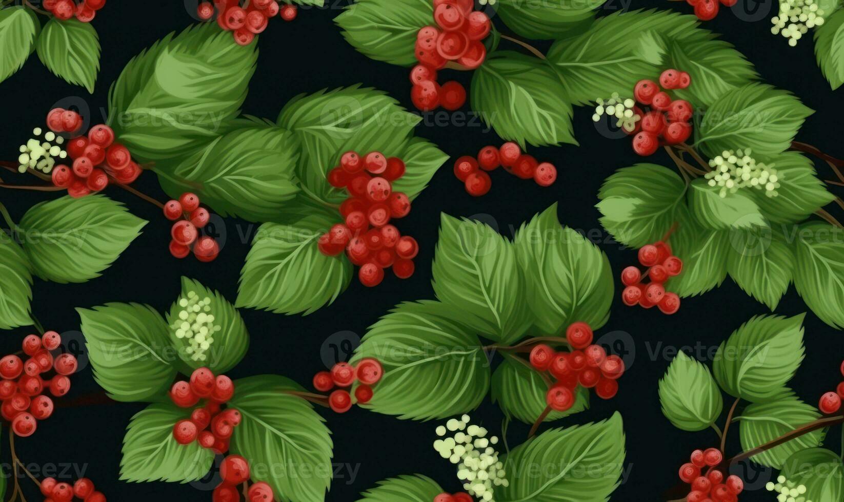 Seamless pattern with red berry and leaf. Autumn season wallpaper. For banner, postcard, book illustration. Created with generative AI tools photo