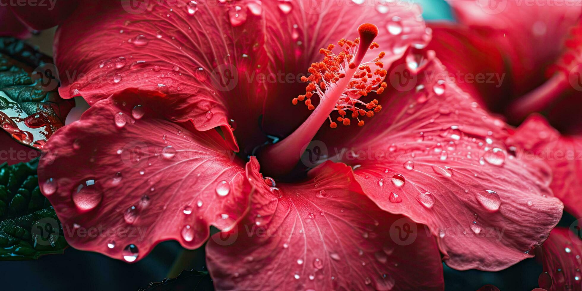 close-up hibiscus with drops water wallpaper. Created with AI tools photo