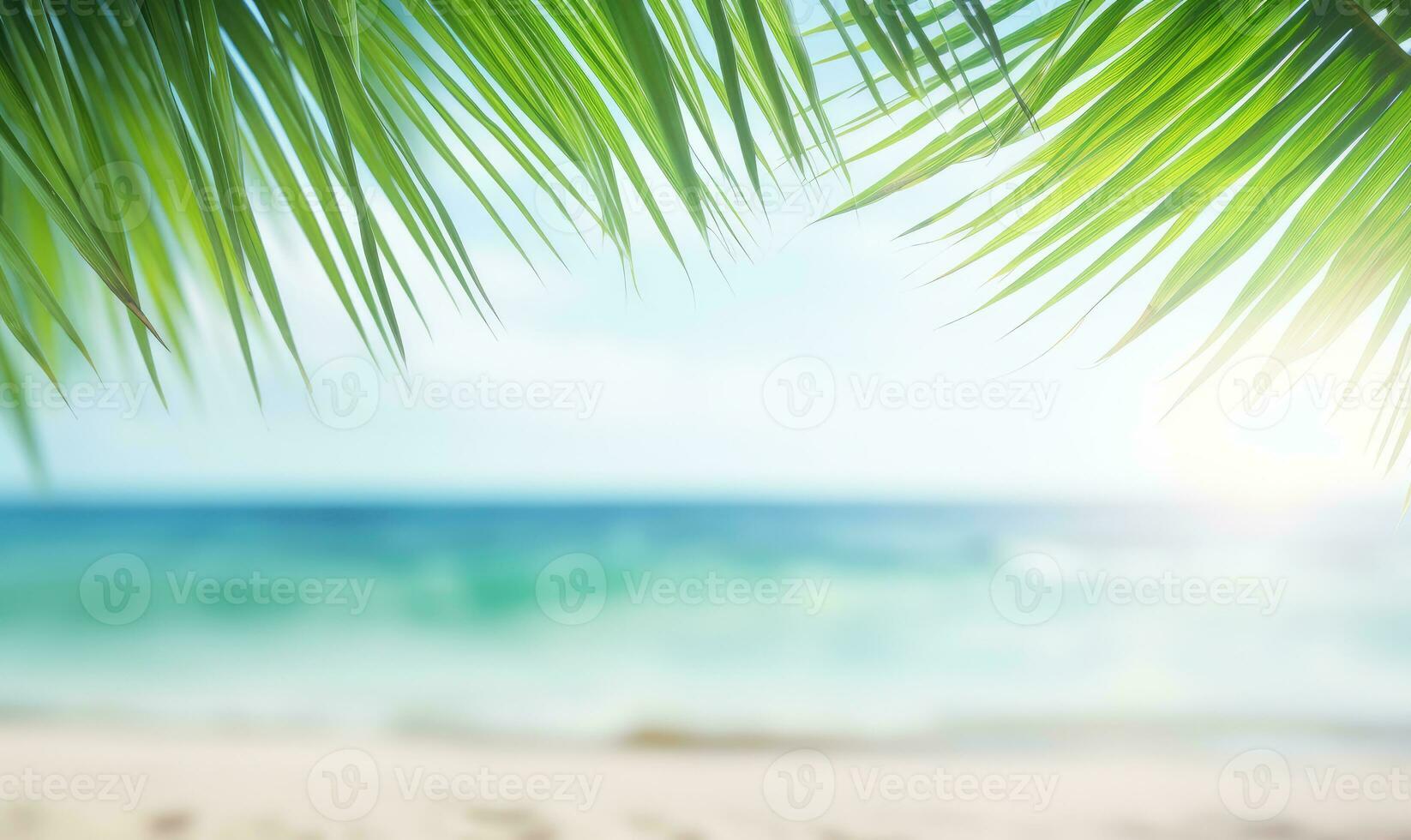 Close-up of palm leaf with blurred tropical beach. Created with AI photo