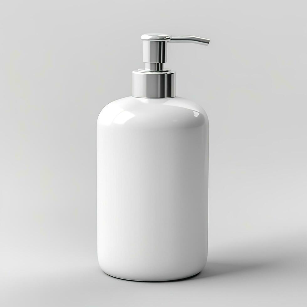 Cosmetic rounded all white soap bottle mockup on white table. AI Generative photo