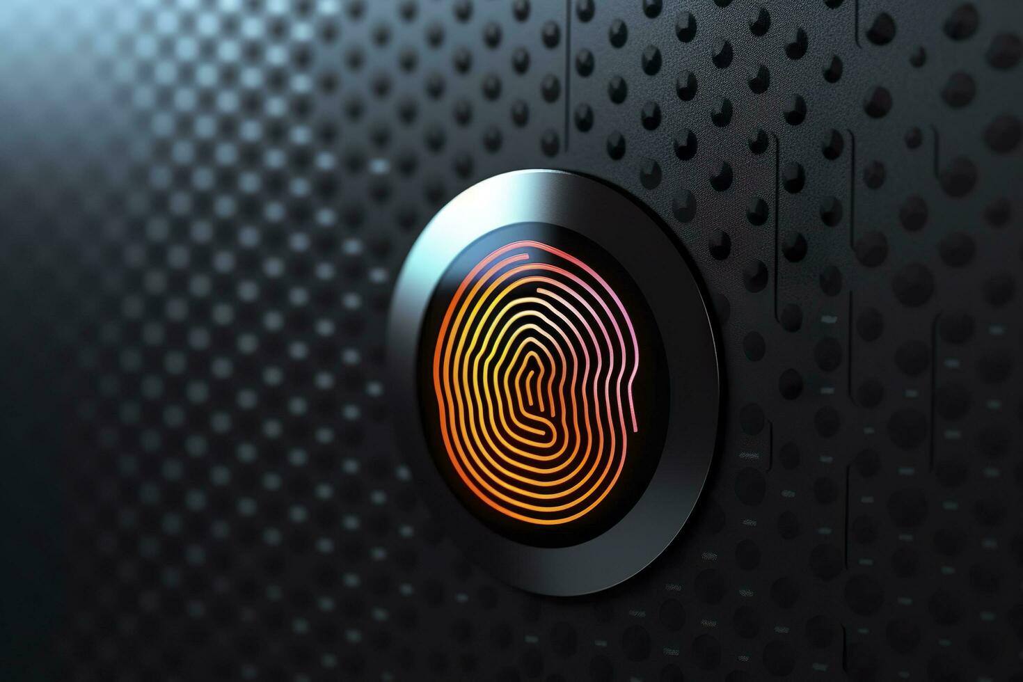 Fingerprint Authentication Button. Biometric Security. Identification and cyber security concept. Glowing neon fingerprint on dark background. AI Generative photo