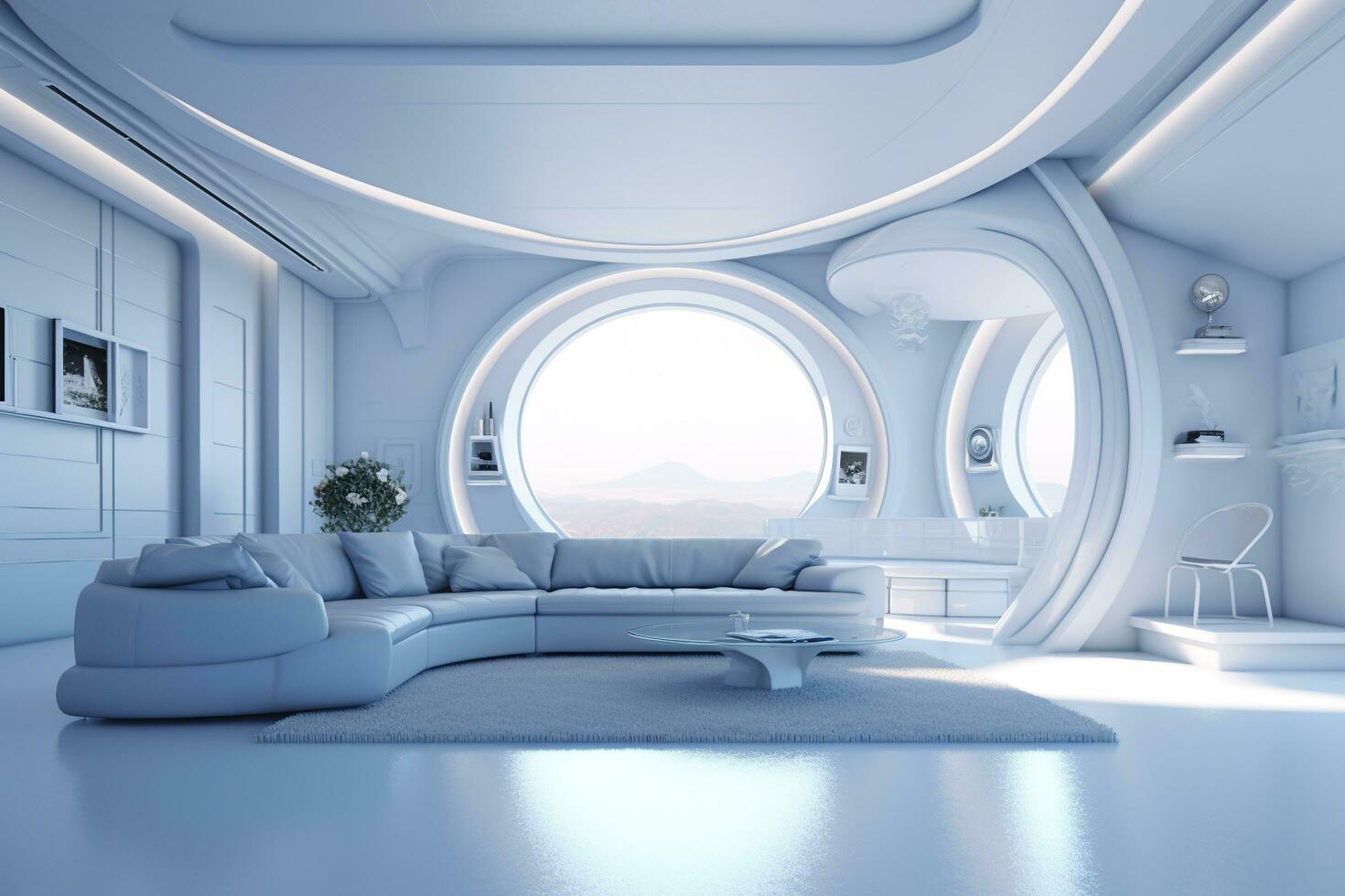 A professional and eye catching light blue with white living room in the metaverse, futuristic, AI Generative photo