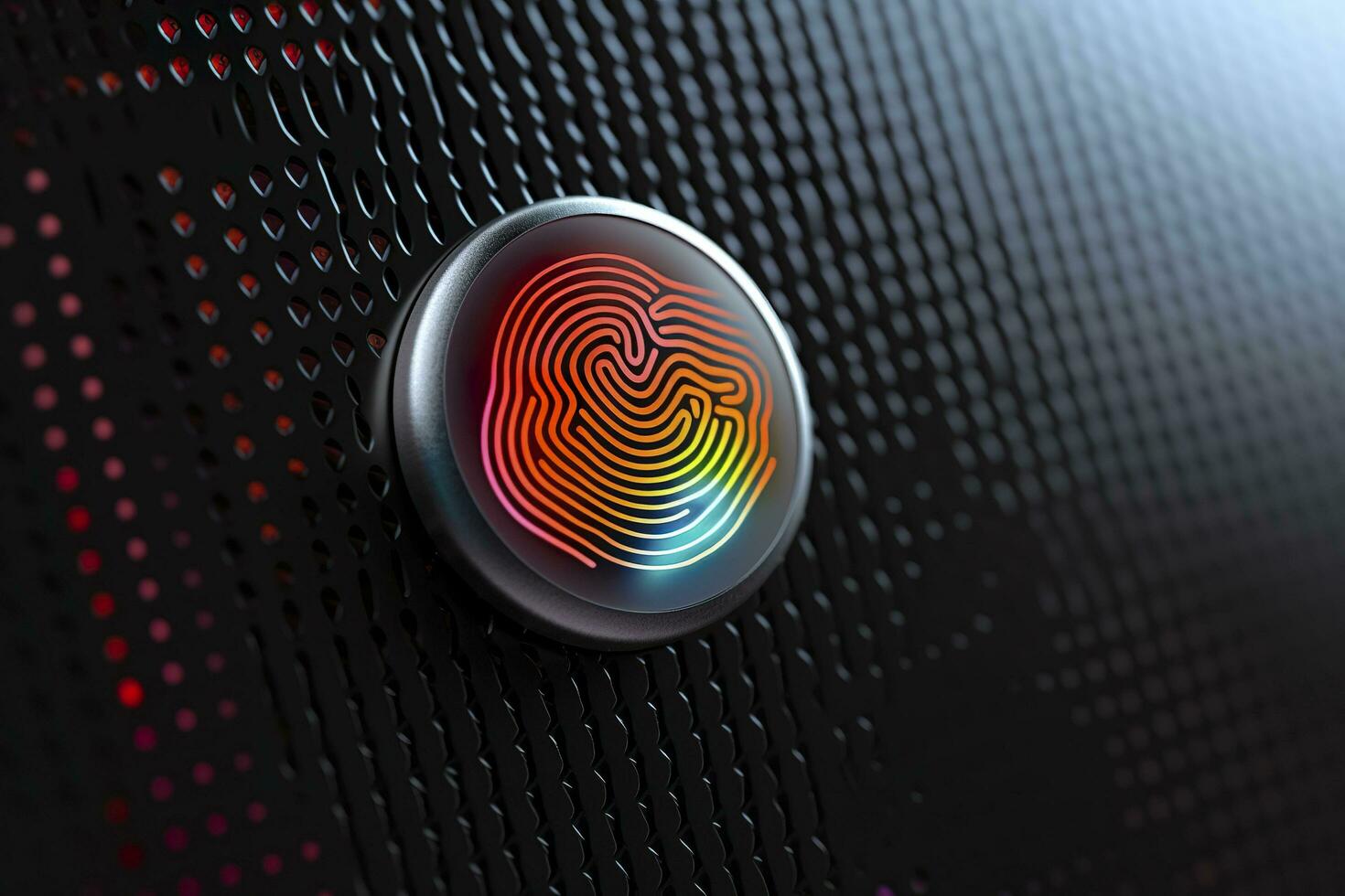 Fingerprint Authentication Button. Biometric Security. Identification and cyber security concept. Glowing neon fingerprint on dark background. AI Generative photo