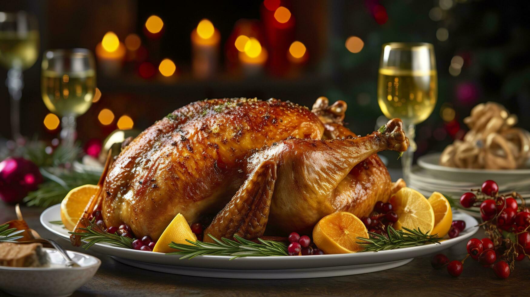 Juicy and tasty roast turkey on a plate with Christmas decorations. Roasted chicken with vegetables, Roast chicken party, all kinds of food, beer. AI Generative photo