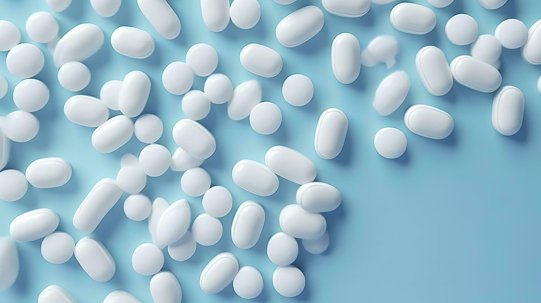 Top view white medicine tablets antibiotic pills on a soft blue background, copy space, Pharmacy theme, AI Generative photo