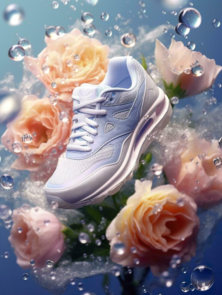 Sports shoes surrounded by transparent flowers, splashing with water droplets, emitting light white blue, AI Generative photo