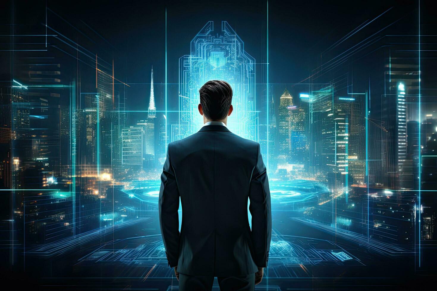 Rear view of businessman looking at night city with hologram. Future concept, Back view of businessman in futuristic interior with HUD interface. Technology concept, AI Generated photo