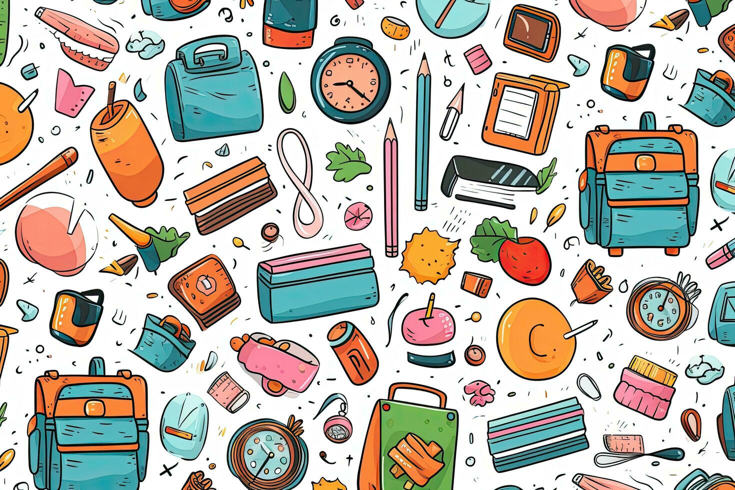 Seamless pattern with hand drawn school supplies illustration. Back to school doodle seamless pattern. Hand drawn background with school supplies and creative elements, AI Generated photo