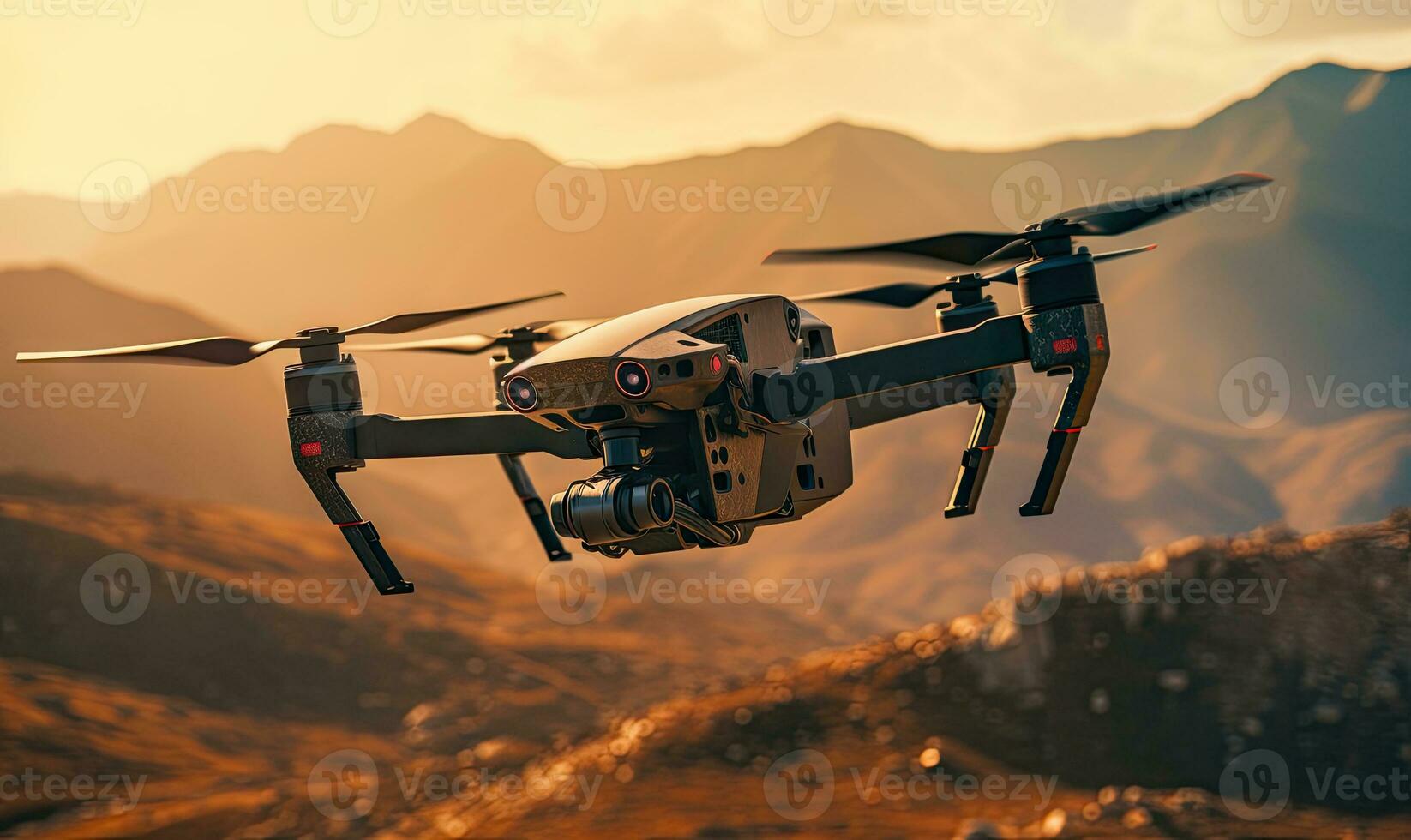Military fpv drone hovering over a vast desert landscape with distant mountains. Created with generative AI tools photo