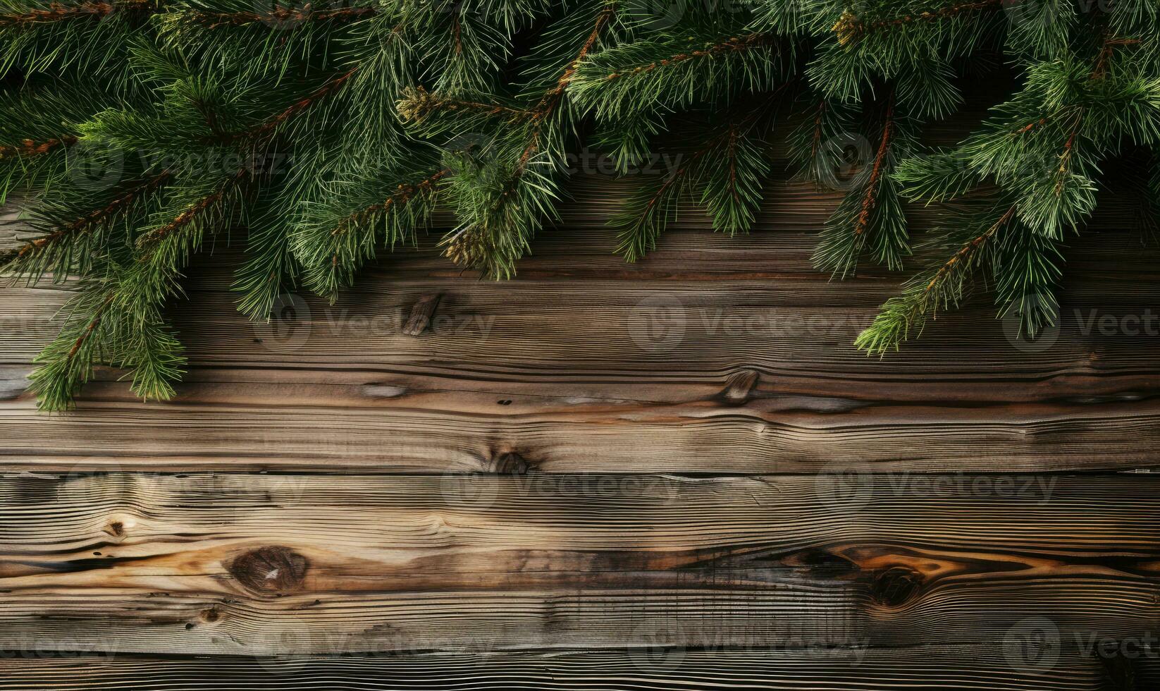 On a textured wooden surface, fresh pine branches. AI generative. photo