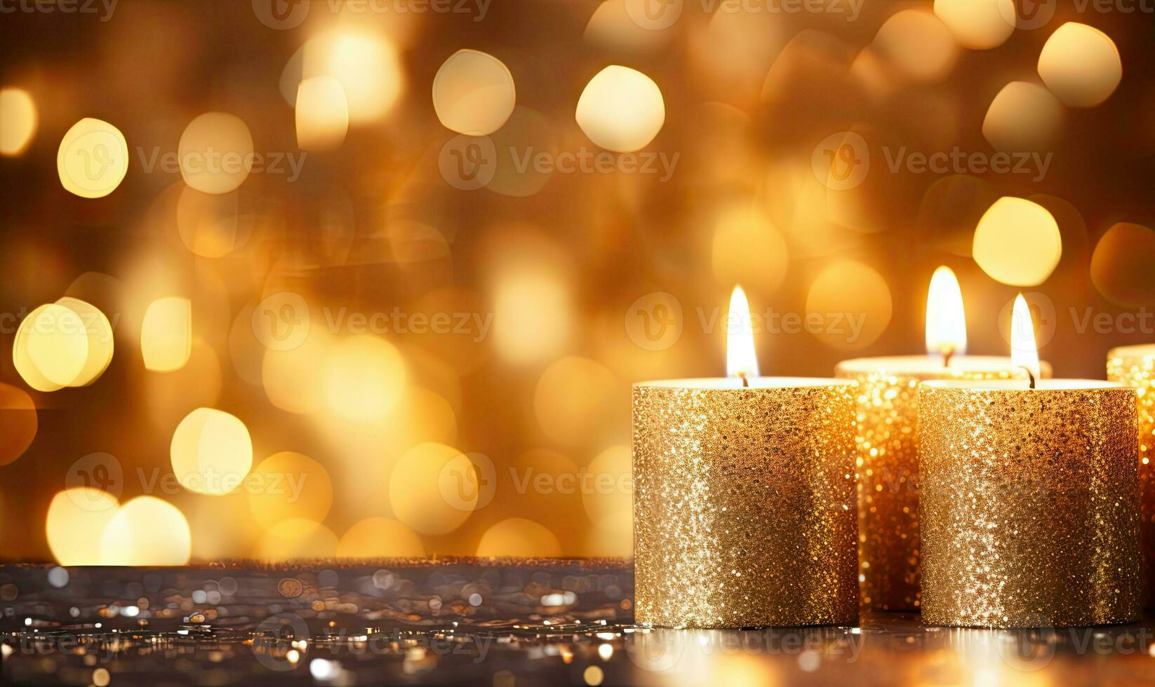 Golden candles on a wooden table. Created with AI photo