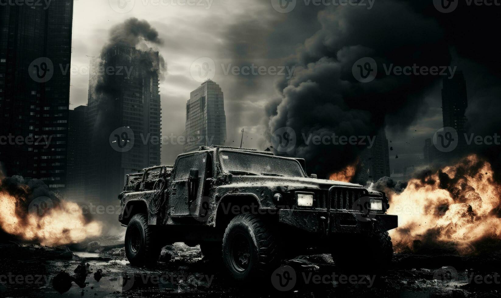 Intense battlefield scene. Burning armored military vehicle in city. Created AI tools photo