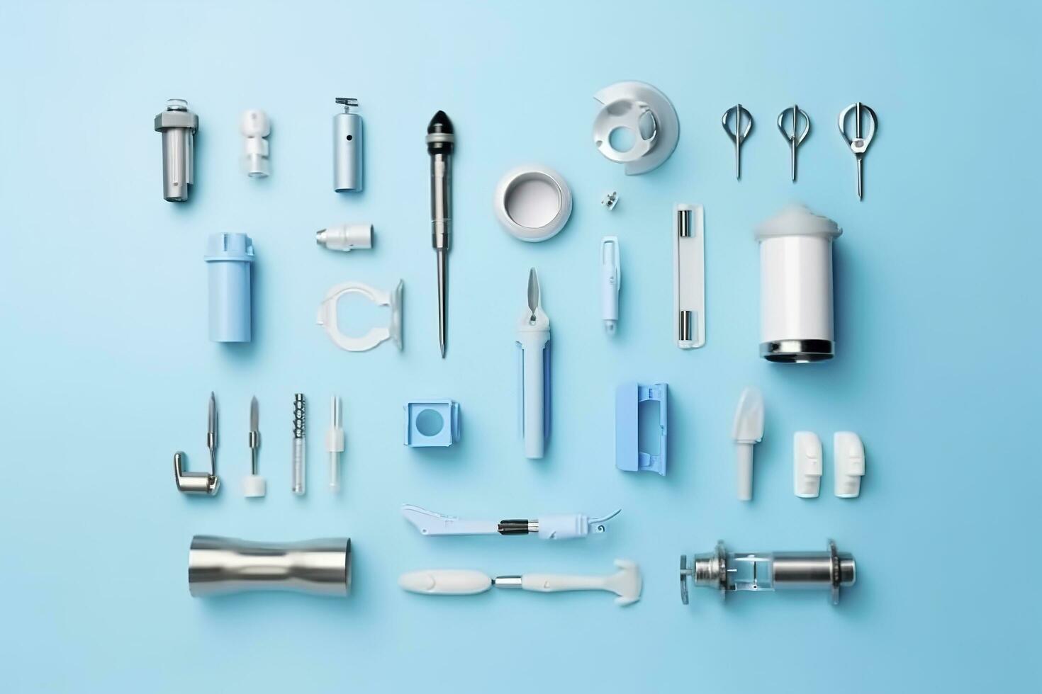 top view on various medical equipment, light blue background, copy space, AI Generative photo