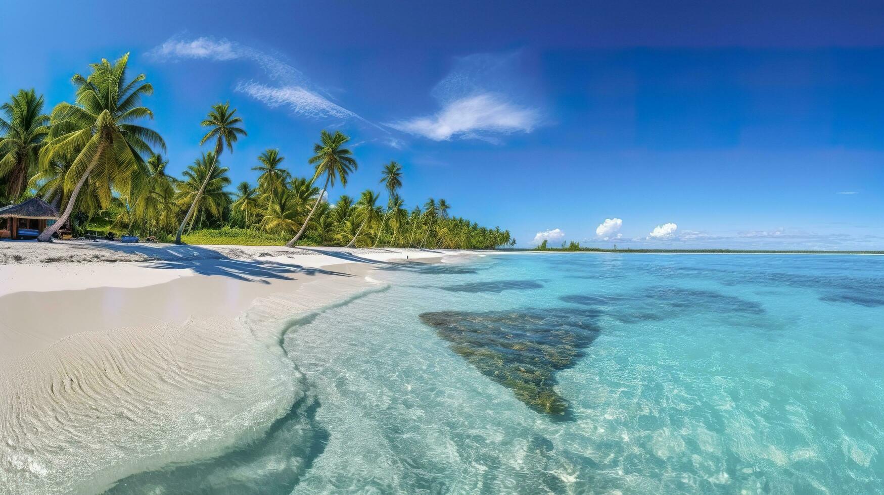 tropical paraíso playa con blanco arena y cristal claro azul agua. hermosa natural verano vacaciones Días festivos antecedentes. viaje turismo amplio panorama antecedentes concepto. ai generativo foto