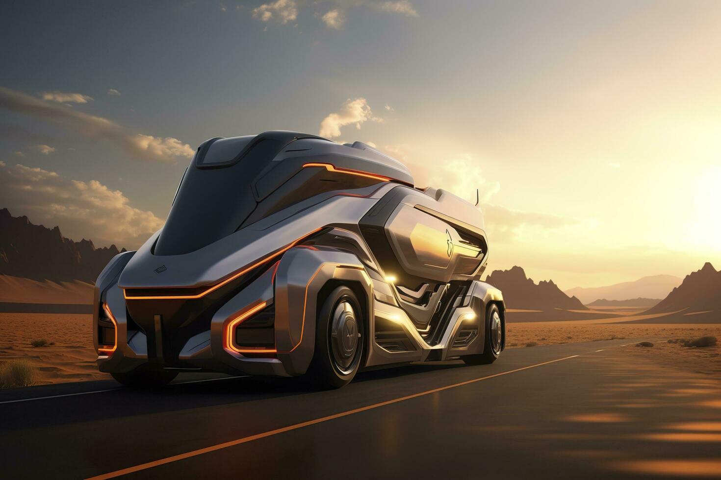 23rd Century Futuristic Truck with Hyper Modern Drive, Wide Angle Lens, and Futuristic Skyscraper in the Background. AI Generative photo