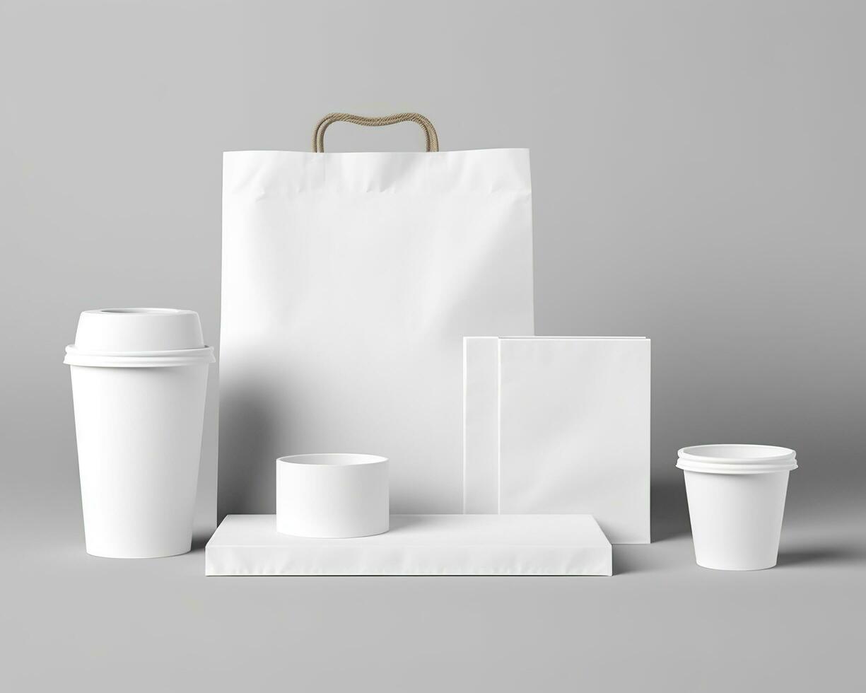 Blank bag, coffee mug, and cup on a light background. Generative AI photo
