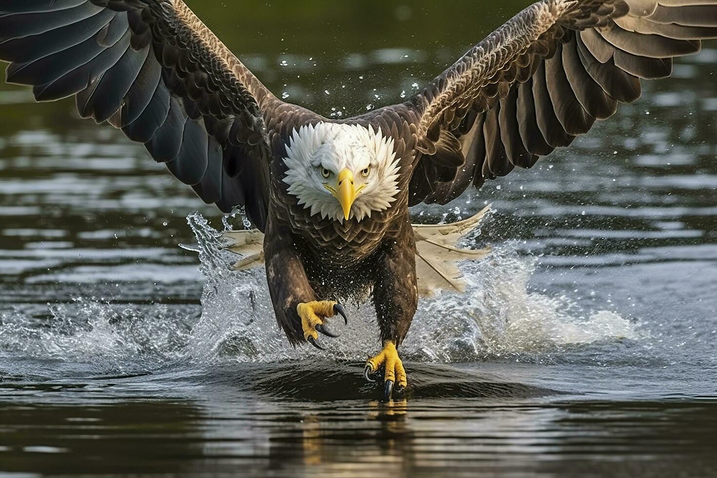 Fishing Bald Eagle, a bald eagle facing camera catches a fish out of the water, in the style of National Geographic contest winner, super telephoto close up. AI Generative photo