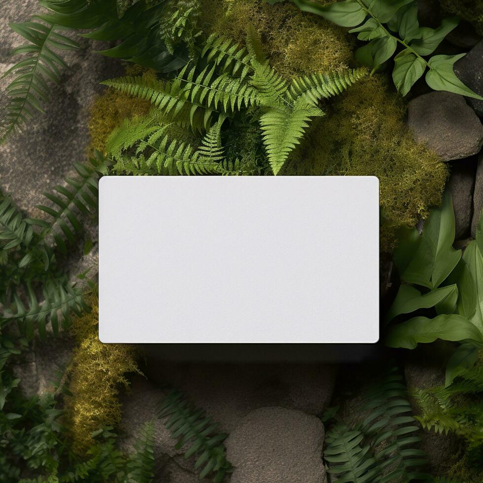 Blank business card on green leaves background. Generative AI photo