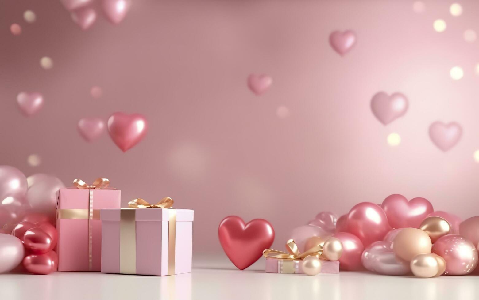 Happy Valentines Day banner. Pink and gold hearts foil balloons with gifts on pink bokeh. Valentine's Day background. Romantic banner Background, empty space for text,  AI Generative photo