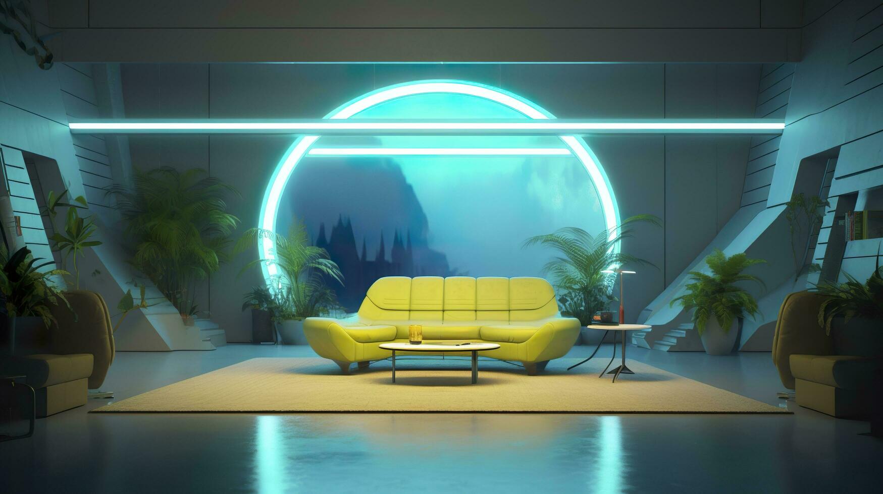 Empty Wall in a Futuristic Sci Fi Living Room with Light Yellow, Light Cyan, and Light Blue Neon. AI Generative photo