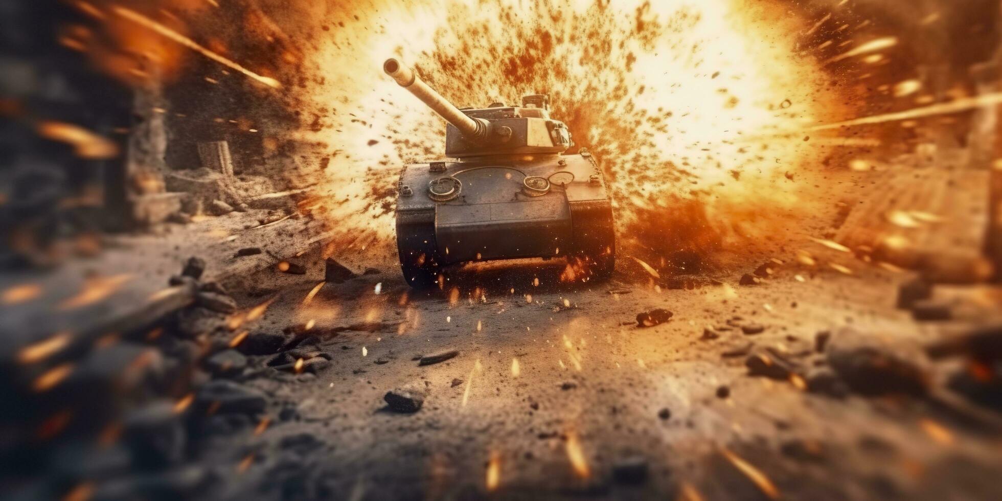 A Close Up Look at the Power and Destruction of a World War II Tank Firing Shell. AI Generative photo
