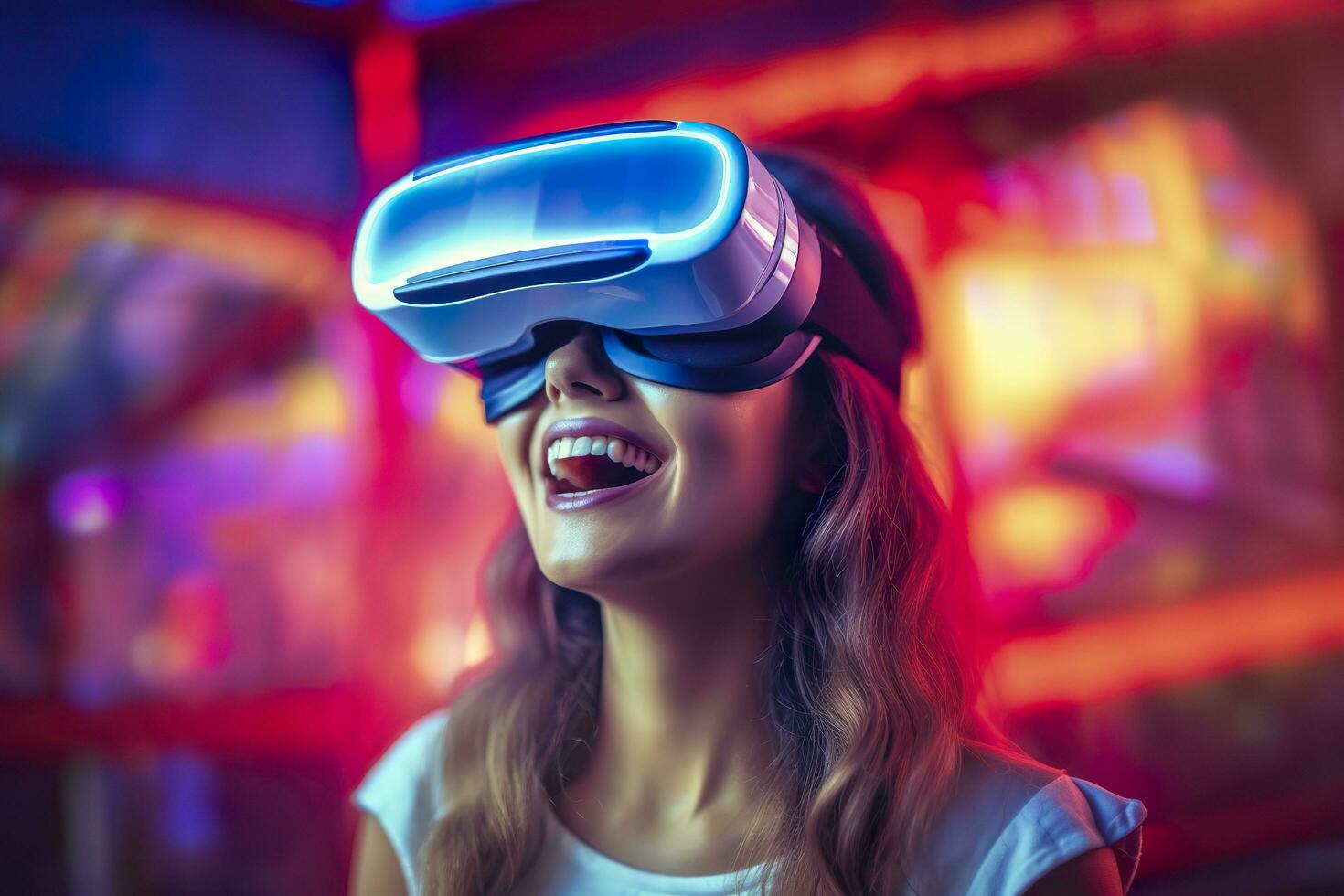 portrait of a smiling woman in casual clothes wearing Virtual Reality glasses, and playing, neo light, blurred neo color background, AI Generative photo