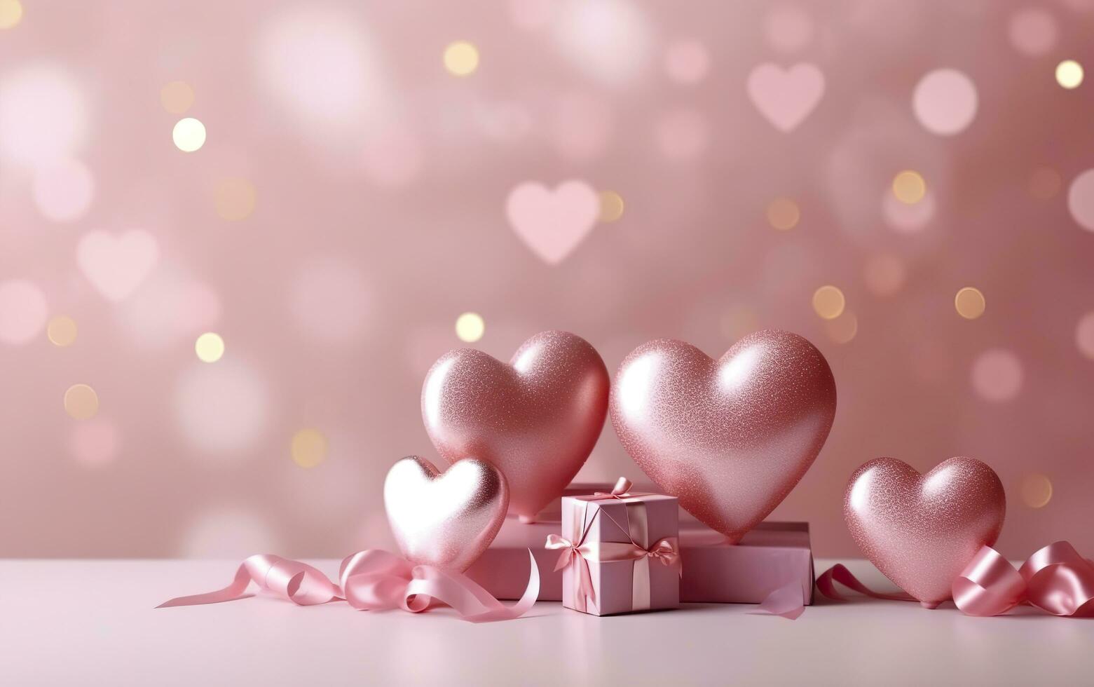 Happy Valentines Day banner. Pink and gold hearts foil balloons with gifts on pink bokeh. Valentine's Day background. Romantic banner Background, empty space for text,  AI Generative photo