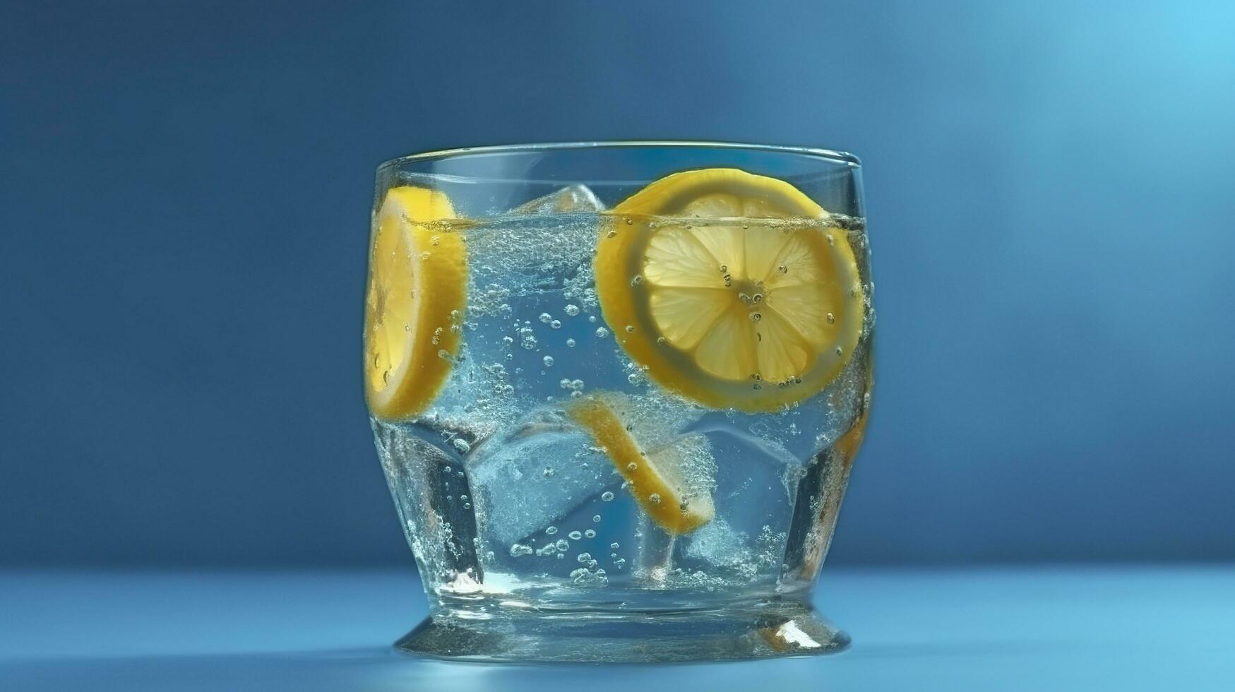 Fresco frio limonada dentro pequeño vaso con hielo en azul antecedentes agua frío jugo cóctel color. ai generativo foto