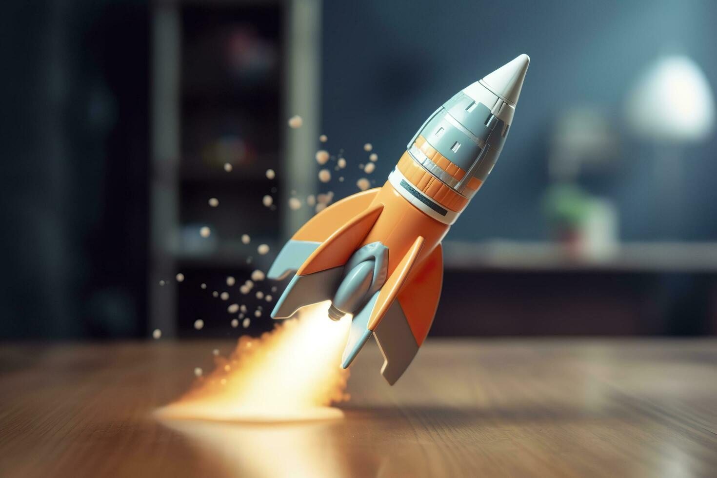 Toy rocket takes off business and finances success concept. AI Generative photo