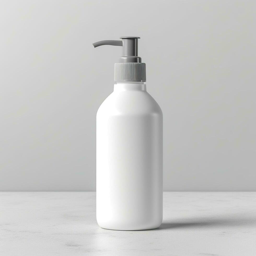 Cosmetic rounded all white soap bottle mockup on white table. AI Generative photo