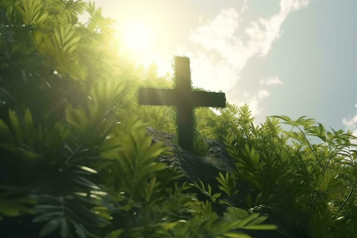 The cross of God with green Leaf, in the rays of the sun and blue sky. Cross on the hill with green trees and graeen natural view. Religious concept, AI Generative photo